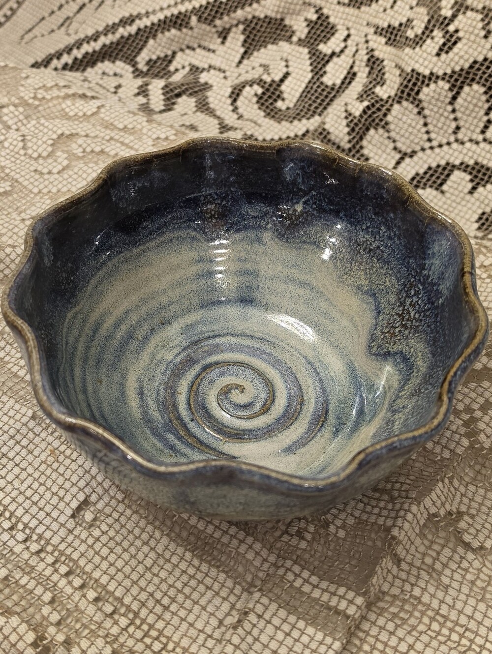 Handmade Studio Pottery Blue Fluted Bowl Scalloped Edge Signed Ceramic 6.5"